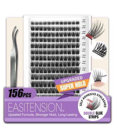 Self Adhesive Eyelashes Upgraded 156 PCS EASITENSION Clusters Kit Lash Clusters DIY Eyelashes Pre Glued Reusable No Glue Needed No Remover No residue Cross-Self Adhesive Eyelashes