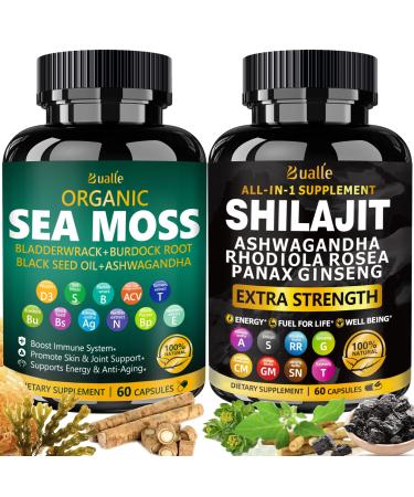 Bualle Sea Moss and Shilajit Bundle-Sea Moss 300mg,Black Seed Oil 100mg,Ashwagandha 50mg,Ginger & Shilajit 300mg,Rhodiola Rosea 100mg,Panax Ginseng 50mg,All in 1 Supplements-USA Made(2 Pack) 60 Count (Pack of 2) Sea Moss Sh