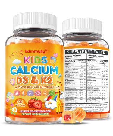 Kids Calcium Gummies with Vitamin D3 K2 - Calcium Citrate with Magnesium, Zinc, Omega-3 and Probiotics for Kids Bone Health, Digestive & Development Support - Sugar Free Gummies, Non-GMO, Vegan Strawberry 60 Count (Pack of 2)