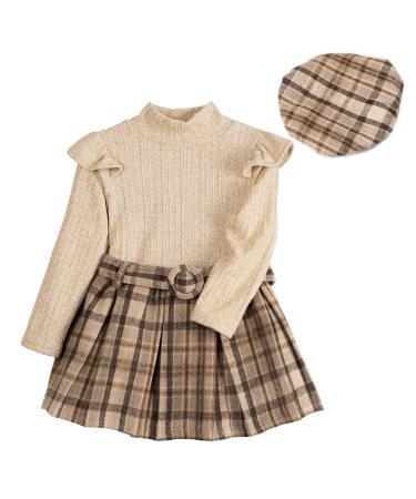 Miipat Baby Girl Clothes Set Fall Winter Long Sleeves Toddler Girls Outfits Pullover Tops with Mini Skirts Sets Girls Dress 3-4 Years Camel