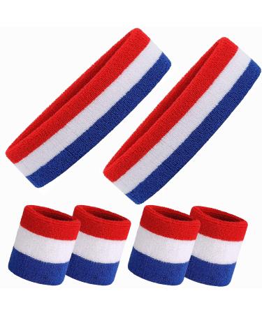 Sweatbands for Man Sports Sweatband Set with 2PCS Headbands and 2 Pair Wristbands for Outdoor Indoor Activies AMind4U blue/white/red