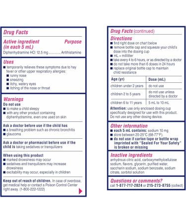 Benadryl Children s Dye-Free Allergy Relief Liquid Allergy Medicine for Kids 12.5 mg Diphenhydramine HCl Antihistamine Relieves Runny Nose & Sneezing Paraben-Free Bubble Gum Flavor 8 fl. Bubblegum 8 Fl Oz (Pack of 1) - Buy Online on GoSupps.com