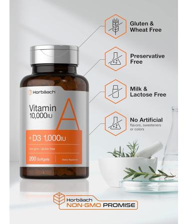 Vitamin A 10000 IU Softgels with Vitamin D3 | 200 Count Non-GMO Gluten Free Supplement by Horbaach - Buy Online on GoSupps.com