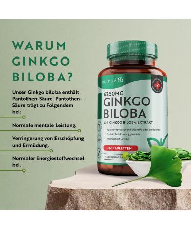 Ginkgo Biloba 6250 mg - 365 Vegan Tablets | High Dose Premium Quality Extract 50:1 - Nutravita - Buy Online on GoSupps.com