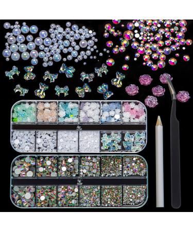 KIMSHINY 3D Flowers Bear Nail Charms Set  2320pcs Flat Back Glass Nail Art Rhinestones Mixed Size 2-5mm ABS Nail Pearls Nail Gems and Rhinestones for Crafts DIY Jewelry Accessories Wax Pen Tweezers Flower Charms