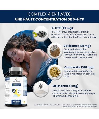 5-HTP and Melatonin 120 High Dosed Capsules for Sleep Well (1 capsule per day) with Valerian and Chamomile. Vegan No Additives - 4Sleep Nutribiolite - Buy Online on GoSupps.com