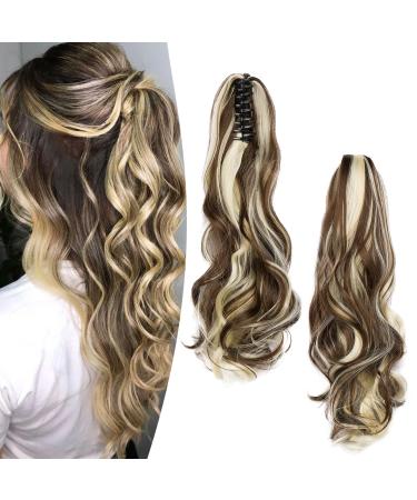 Gairyan 50cm ponytail hair part braid extensions long curly claw clip in ponytail extensions synthetic hair extensions wavy hair extension for women chestnut brown & bleaching blonde 50 cm chestnut brown & bleach blonde