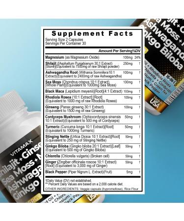 Vitamax Pure Himalayan Shilajit Supplement Ashwagandha Sea Moss Rhodiola Rosea Gingko Biloba - Fulvic Acid & Trace Mineral Capsules for Men and Women Made in USA - Buy Online on GoSupps.com