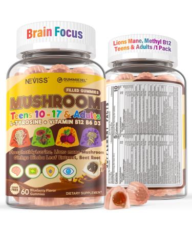 Neviss Kids 10+ Focus Brain Gummies w/Lion's Mane, B6, Methyl B12, Mushroom Filled Gummy for Teen & Adults Memory & Energy, Phosphatidylserine, L-Tyrosine, Choline, Beetroot, Ginkgo Biloba, Sugar Free