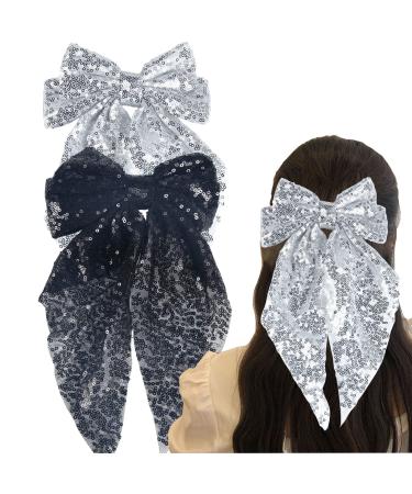 SALOCY Big Hair Bows 8 Inch Big Glitter Layered Hair Bows Hair Barrettes Clip Hair Accessories for Women Girls (Black+Silver)