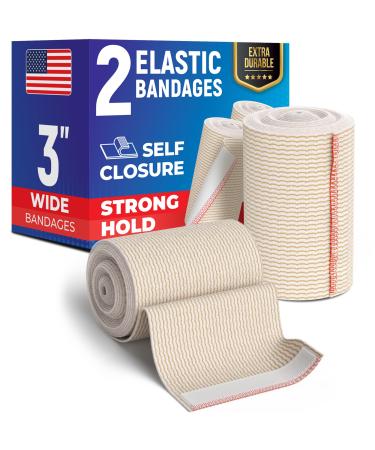 Premium Elastic Bandage Wrap - 3 (2pk) - Strong Compression - Self-Closing Reusable Bandages for Legs and Arms - Wrist Elbow Foot Knee Wrap
