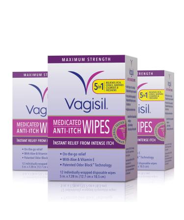 Vagisil Anti-Itch Medicated Feminine Intimate Wipes for Women, Maximum Strength, Gynecologist Tested, 12 Count, Pack of 3 (36 wipes total) (Packaging may vary) - Buy Online on GoSupps.com