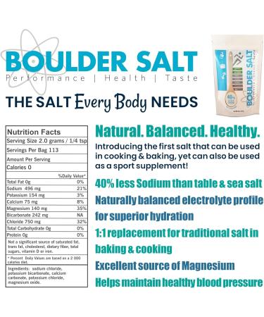 Boulder Salt - Low Sodium - Potassium Magnesium Salt - Electrolyte Salts - Unflavored - 8oz - Tastes Good on Food or in Water. 113 Servings. 8 Ounce (Pack of 1) - Buy Online on GoSupps.com