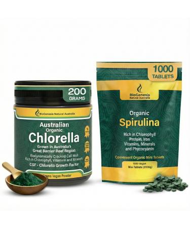 Biogenesis Organic Bundle: Spirulina Mini Tabs (1000 ct) + Chlorella Powder (200g) Australian Grown BioDynamic Cracked Cell Wall & Rich in B Vitamins Complete Vegan Wholefood Supplement