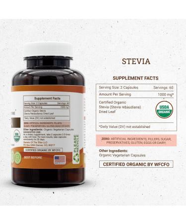 Stevia 120 Capsules, 1000 mg, USDA Organic Stevia Rebaudiana Dried Leaf (120 Capsules) 120 Count (Pack of 1) - Buy Online on GoSupps.com