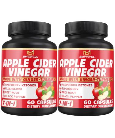 (2 Packs) Apple Cider Vinegar Capsules with Ginger Turmeric Elderberry Raspberry Ketones Beet Root Black Pepper - 7in1 for Supports Digestion Detox & Immune - 4 Months Supply