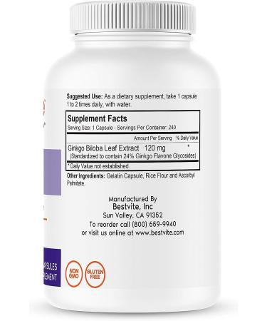 Ginkgo Biloba 120mg (240 Capsules) - Non GMO, Gluten Free - 24% Ginkgo Flavone Glycosides - No Stearates - Buy Online on GoSupps.com