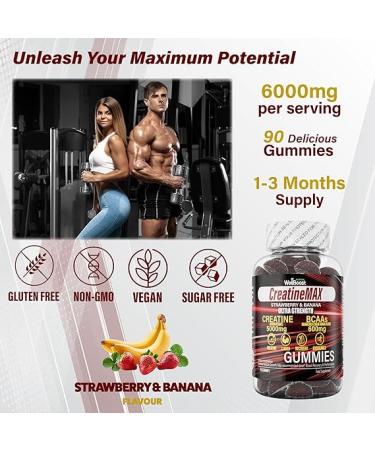 Creatine MAX 90 Chewable Vegan Gummies - 5000mg Creatine Monohydrate, 1000mg BCAAs - Sugar Free Mixed Berry Flavour | 1 Month Supply - Buy Online on GoSupps.com