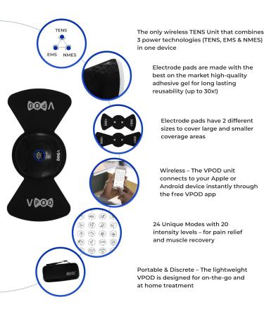 VPOD Deluxe TENS Unit - Wireless Muscle Stimulator for Pain Relief & Recovery | 24 Modes EMS Therapy Portable & Bluetooth-Enabled - Buy Online on GoSupps.com