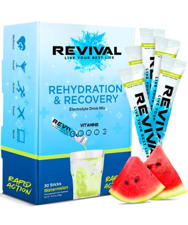 Revival Rapid Rehydration Electrolytes Powder - High Strength Vitamin C B1 B3 B5 B12 Supplement Sachet Drink Effervescent Electrolyte Hydration Tablets - 30 Pack Watermelon 30 Servings (Pack of 1) Watermelon