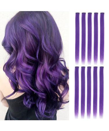 Colored Hair Extensions Sleekcute  10 Pcs Straight with Dark Purple  Clip in Synthetic Hairpieces 22Inch  Party Hightlight Colorful Hair Streak Halloween Christmas Cosplay Gifts Dark Purple-10Pcs