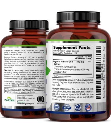 Zazzee Extra Strength Bilberry 20:1 Extract 25% Anthocyanins 5000 mg Strength 100 Vegan Capsules 3+ Month Supply Eye Health Support 20X Standardized Vaccinium Myrtillus Non-GMO Made in USA - Buy Online on GoSupps.com