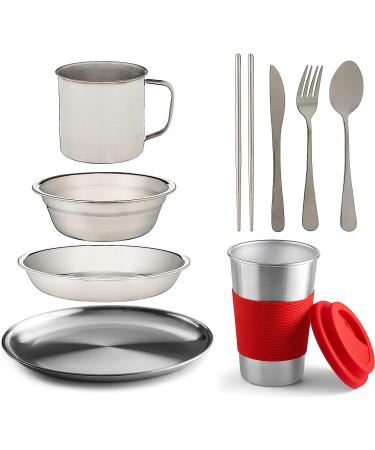 10-Piece Stainless Steel Camping Dish Set with Mesh Bag - Complete Dinnerware Kit for Camping, Backpacking, Hiking - Blue - Buy Online on GoSupps.com
