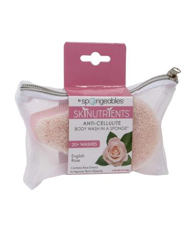 Skinutrients Spongeables anticellulite body wash in a sponge, spa cellulite massager, moisturizer and exfoliator, 20+ washes 4 sponge, Pink, English Rose, 1 Ounce