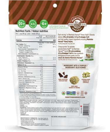 Manitoba Harvest Hemp Yeah! Granola Dark Chocolate 283 g with 20 g of Protein 4.5 g Omegas 3 g of Fibre and 10 g Sugar Per Serving Organic Non-GMO Packaging May Vary 1 Pack Dark Chocolate - Buy Online on GoSupps.com