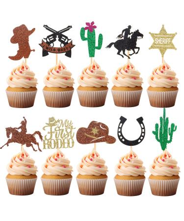60 Pcs Cowboy Cupcake Toppers Glitter Western Rodeo Cupcake Picks for Western Theme Baby Shower Party Cake Decorations Supplies (Style03) Color01