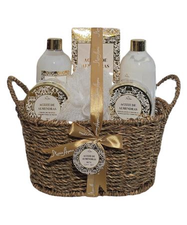 Luxury Bath & Body Spa Gift Basket for Women Almond Scent - Shower Gel Body Lotion Body Scrub Bath Salts Hand Lotion Bath Puff & Weaved Basket Included