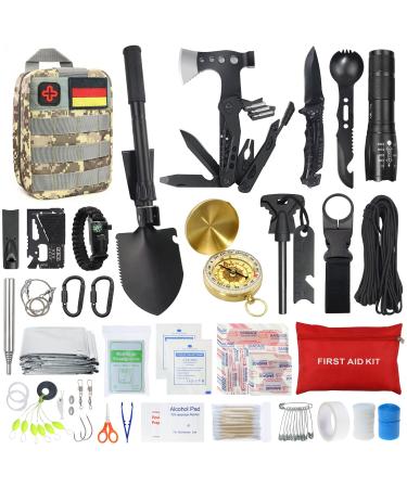 Outside emergency survival kit with first aid set wayintop survival equipment with multi-tool ax folding spade rescue blanket compass gifts for men camping/adventure/hiking outdoors