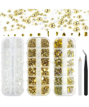 5060 PCS Flatback Pearls and Rhinestones Kit for Nails - Half Round Gold Nail Pearl Gems Shape Gold Rhinestones Crystal AB Rhinestone for Eyes Face Makeup Craft Shoes Clothes Shoes Bags Phone Case Gold Rhinestones Pearls...