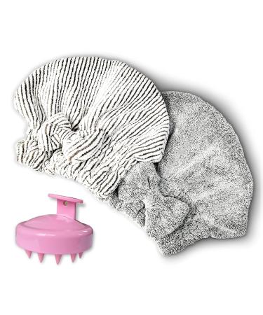 Microfiber Hair Towel Cap,Soft Absorbent Quick Drying Cap for Curly Thick Hair , with Hair Shampoo Brush Scalp Massager for Women Girls-Set of 3 pcs (Stripe&Gray) Stripe&gray 3
