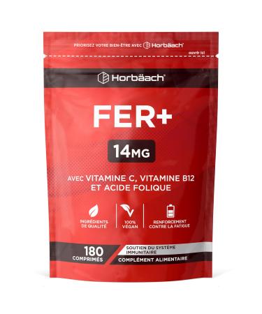 Iron Food Supplement with Folic Acid Vitamin B12 and Vitamin C | 14mg | 180 Vegan Capsules | Iron Supplement Tablets | Immune System Supplement | by Horbaach