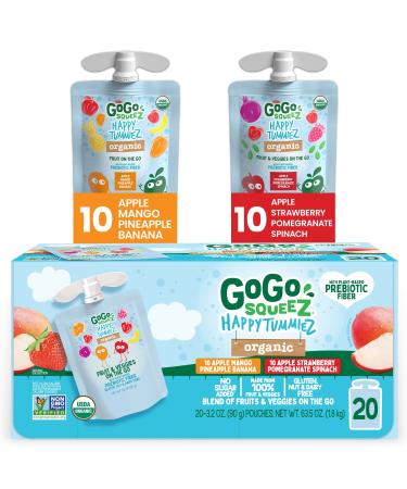 GoGo squeeZ happy tummieZ Organic Variety Pack Apple Strawberry Pomegranate Spinach & Apple Mango Pineapple Banana, 3.2 oz. (20 Pouches) - Kids Snacks with Prebiotic Fiber – Gluten, Nut, & Dairy Free Variety Pack (Apple Ma…