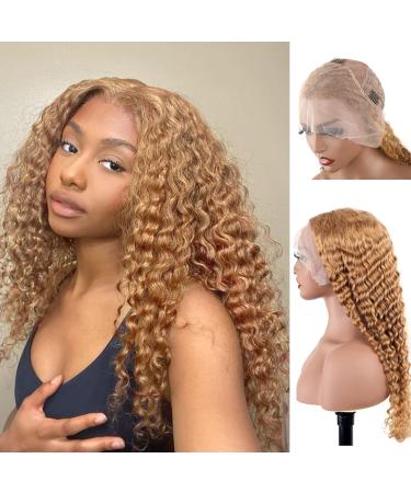 BLY Light Brown Colored 10A Human Hair Lace Front Wigs for Women 13x4 HD Transparent Pre Plucked Deep Wave Curly Wigs 180% Density #27 Brown Wig 20 Inch 20 Inch 13x4 Brown Color