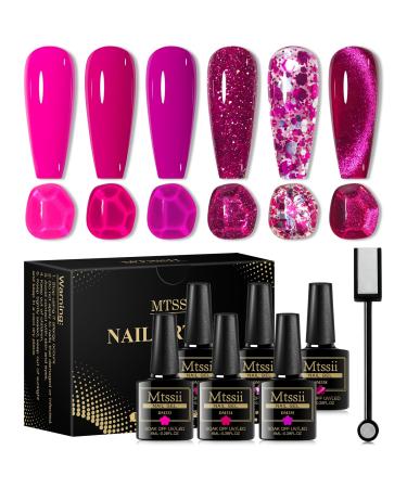 MTSSII Hot Pink Gel Nail Polish and Cat Eye Gel Nail Polish Spring Summer Hot Pink Red Purple Reflective Glitter Gel Polish for DIY Nail Art at Home Dragon Fruit Series