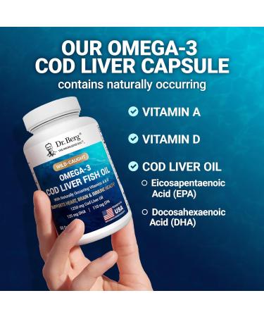 Dr. Berg Omega 3 Cod Liver Fish Oil 1250 mg from Wild Caught Cod for Women & Men EPA DHA atty Acid Supplement 60 Softgels - Buy Online on GoSupps.com