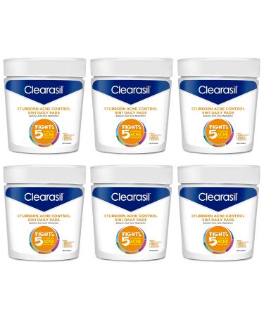 Clearasil Stubborn Acne Control 5in1 Daily Facial Cleansing Pads with Salicylic Acid Acne Treatment Medicine 90 Count (Pack of 6)