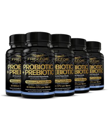 FREZZOR Probiotic + Prebiotic Capsules Once Daily 60 Billion CFUs Digestive Health for Men and Women 18 Strains Shelf Stable With Fermented Wholefoods Prebiotic & Fibre 450 caps 5 Month Supply