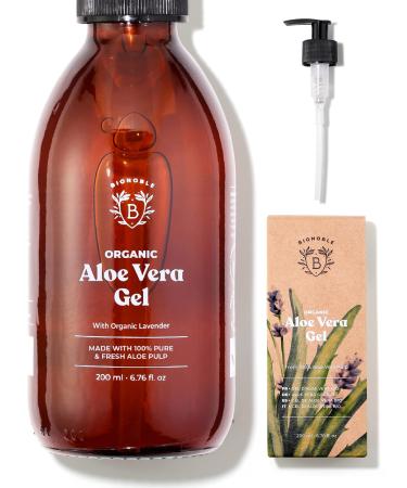 Bionoble Organic Aloe Vera Gel 200ml - Made with 100% Pure Fresh Aloe Pulp and Organic Lavender - Xanthan Free - Face Eye Contour Body Hair - Glass Bottle + Pump GEL 200 ml (Pack of 1)