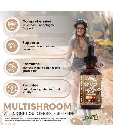 Organic Lions Mane Mushroom Supplement Liquid Drops + Turkey Tail Cordyceps Reishi Chaga Shitake Maitake Tremella Oyster Mushrooms Poria and Enokitake Complex Blend by Clean Nutra 1 - Buy Online on GoSupps.com