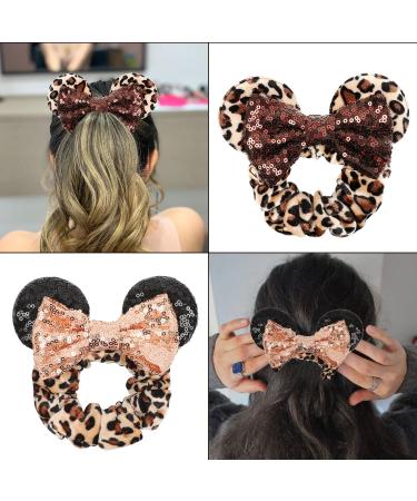 Leopard Mouse Ears Velvet Scrunchies with Sequin Bows - 4 Pack Hair Accessories for Women, Girls, Adults & Kids - Buy Online on GoSupps.com