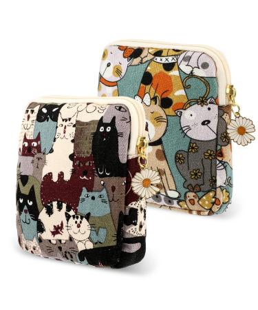 Amabro Sanitary Napkin Storage Bag 2PCS Period Bags Cute Sanitary Pad Storage Pouch Tampon Pantyliners Menstrual Purse Daisy Zipper for Women Teen Girls School Travel Feminine Product(Cat)