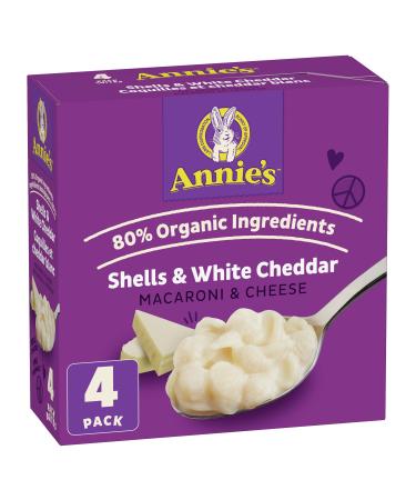 ANNIE'S - VALUE PACK SIZE - MACARONI AND CHEESE Shells and White Cheddar 4 Pack 680 Grams box No Artificial Flavours or Synthetic Colours Contains Real Cheese and Milk Ingredients