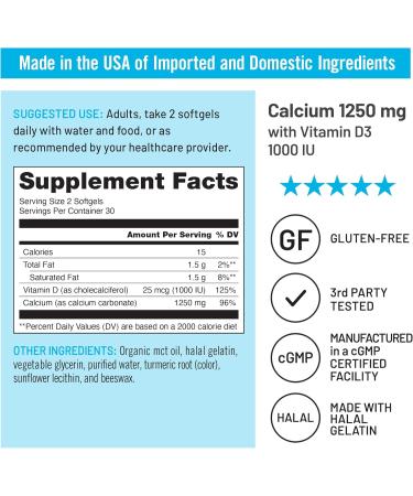 NatureWise High-Purity All-Natural Calcium 1250mg + Vitamin D3 1000IU + Organic MCT Coconut Oil - Pregnancy Safe + Non-GMO - Absorption Friendly Gluten Free - 60 Softgels 30-Day Supply Unflavored 60 Count (Pack of 1) - Buy Online on GoSupps.com