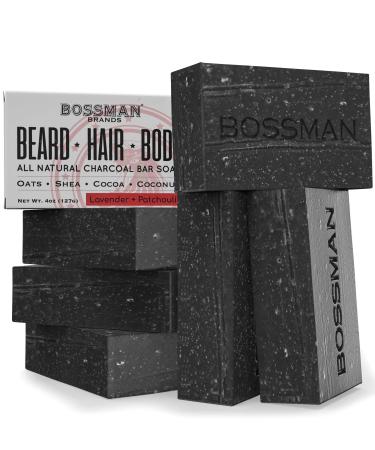 6 Pack Bossman Men’s Bar Soap 4-in-1 – Natural Organic Beard Wash, Shampoo, Body Wash, Shaving and Bath Soap - Essential Beard Care, Scent- Lavender and Patchouli Lavender and Patchouli 6 Pack