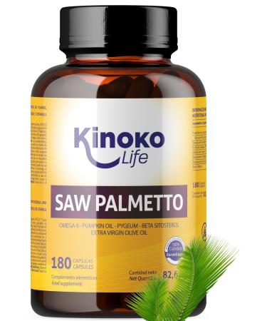 Kinoko Life Saw Palmetto 180 Capsules. Pure Lipid-Sterolic Extract 85-95%. with Omega 9 Pumpkin Seed Oil Pygeum Africanum Saw palmetto Hair. Saw Palmetto Prostate.