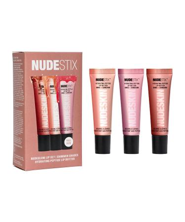 Nudestix NudeGlow Lip Set 3-Piece Hydrating Peptide Lip Butter Kit with Glossy Shimmer Tints | Includes Vanilla Sprinkle Rose Sparkle & Mocha Magic | Clean Vegan Plumping Lip Balm Trio
